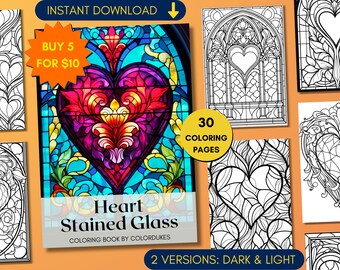 Pages de coloriage de coeurs de vitraux, livre de coloriage pour adultes de la Saint-Valentin, feuilles de coloriage d’amour, PDF imprimable numérique