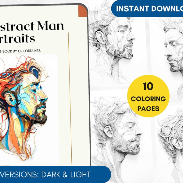 10 Abstract Coloring Pages Man Portraits Grayscale Adult Coloring Book, Sculpture Coloring, People Coloring Digital Printable PDF