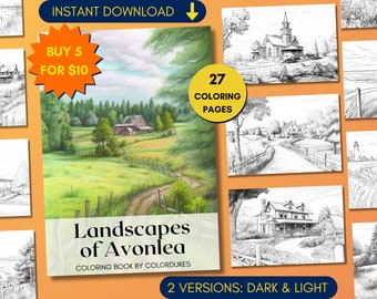 27 Coloring Pages, Landscapes of Avonlea Grayscale Adult Coloring Book, Countryside Coloring, Anne of Green Gables Coloring Pages