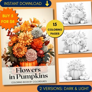 15 Flowers in Pumpkin Coloring Pages, Fall Grayscale Coloring for Adults, Autumn Coloring Sheets, Digital Coloring Printable