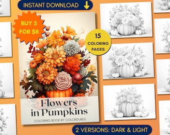 15 Flowers in Pumpkin Coloring Pages, Fall Grayscale Coloring for Adults, Autumn Coloring Sheets, Digital Coloring Printable