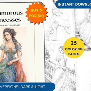 25 Coloring Pages, Princess Dresses Grayscale Adult Coloring Book, Fashion Coloring Page, Woman Portrait Coloring, Printable PDF