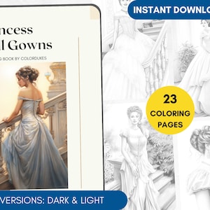 23 Southern Belle Coloring Pages, Princess Dresses Grayscale Adult Coloring Book, Fairy Tale Coloring Page, Portrait Coloring, Printable PDF