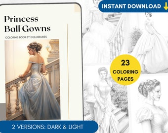 23 Southern Belle Coloring Pages, Princess Dresses Grayscale Adult Coloring Book, Fairy Tale Coloring Page, Portrait Coloring, Printable PDF