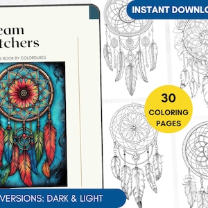 30 Coloring Pages PDF, Dream Catchers Grayscale Adult Coloring Book, Bohemian Coloring Page Pigment, Watercolor Background, Digital Coloring