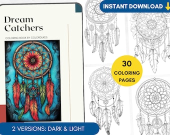 30 ページの塗り絵 PDF、ドリーム キャッチャー グレースケール大人用塗り絵、ボヘミアン塗り絵ページ顔料、水彩背景、デジタル塗り絵