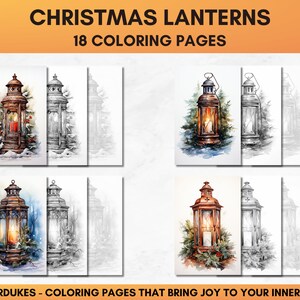 Set of 18 Christmas coloring pages showing charming lanterns in winter scenery