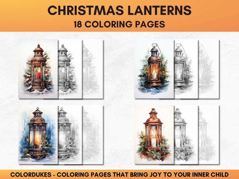Set of 18 Christmas coloring pages showing charming lanterns in winter scenery