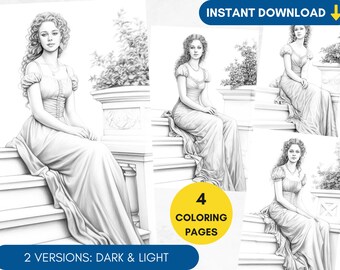 4 Vintage Dress Coloring Pages Grayscale, Regency Era Dress Coloring Page for Adult, Princess Coloring Sheet, Portrait Coloring Book