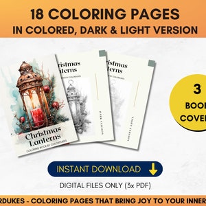 Set of 18 Christmas coloring pages showing charming lanterns in winter scenery