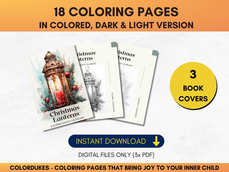 Set of 18 Christmas coloring pages showing charming lanterns in winter scenery