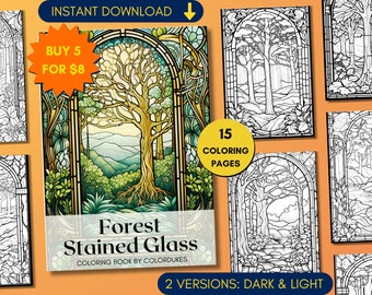15 Forest Coloring Pages Stained Glass, Not Grayscale Coloring Book for Adults, Woodland Coloring Page Digital, Tree Coloring Sheets