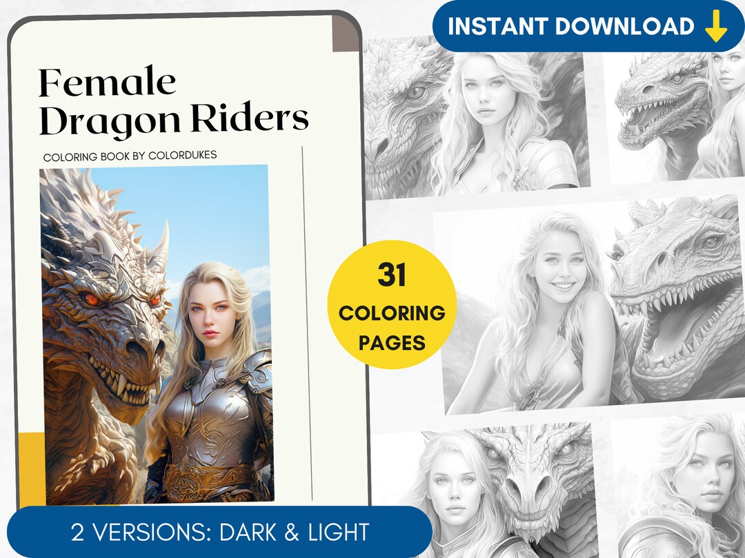 31 Dragon Rider Coloring Pages Grayscale Adult Coloring Book, Fantasy
