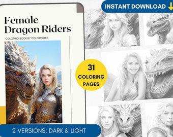 31 Dragon Rider Coloring Pages Grayscale Adult Coloring Book, Fantasy Book Coloring, Woman and Dragon Coloring Digital Printable PDF