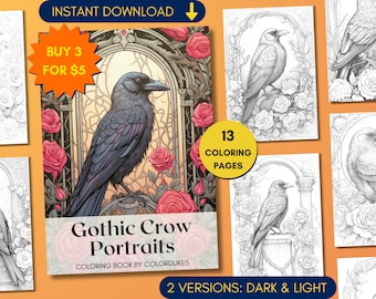 13 Coloring Pages Gothic Crow Portraits Coloring Book for Adults Grayscale Dark Academia Coloring   Sheets, Printable Raven Coloring PDF