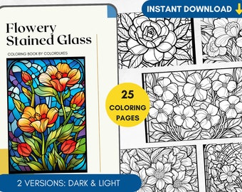 May include: A coloring book with 25 pages of floral stained glass designs. The cover features a colorful stained glass window with flowers. The title of the book is "Flowery Stained Glass" and the subtitle is "Coloring Book by ColorDukes".