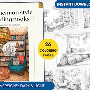 26 Coloring Pages, Bohemian Reading Nooks Grayscale Adult Coloring Book, Printable Coloring Book, Boho Room Interior Coloring Plants Books