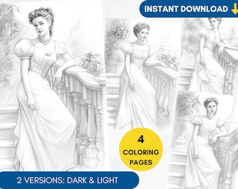 4 Coloring Pages, Regency Dress Grayscale Adult Coloring Pages Vintage Fashion Coloring Page, Princess Portrait Coloring, Printable PDF