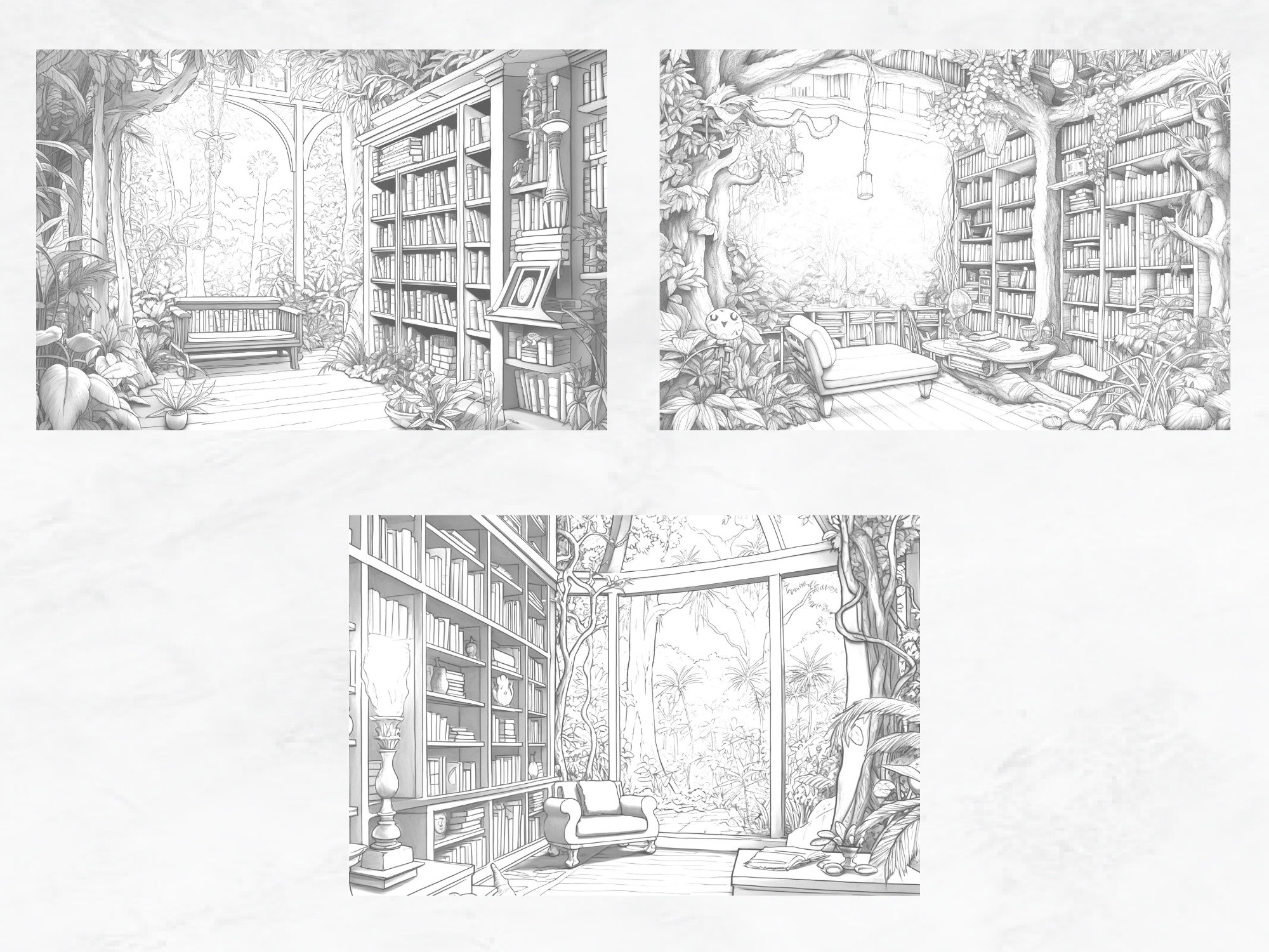 25 Coloring Pages, Jungle Libraries Grayscale Adult Coloring Book, Gift ...