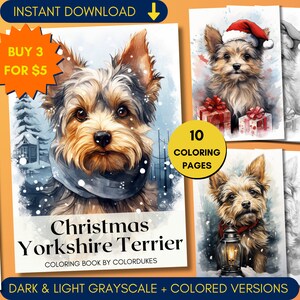 Christmas Yorkie Coloring Pages in Grayscale, Yorkshire Terrier Coloring Book for Adults, Dog Coloring Sheets, Samples