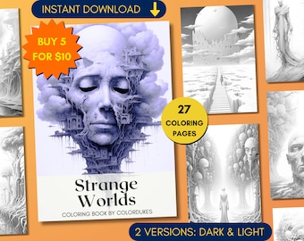 May include: A coloring book cover featuring a surreal illustration of a face with a city built into it. The title of the book is "Strange Worlds" and the subtitle is "Coloring Book by ColorDukes". The cover also includes the text "27 Coloring Pages" and "2 Versions: Dark & Light".