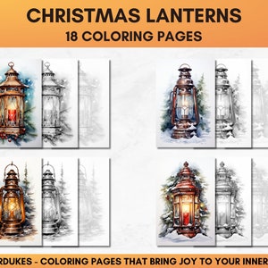 Set of 18 Christmas coloring pages showing charming lanterns in winter scenery