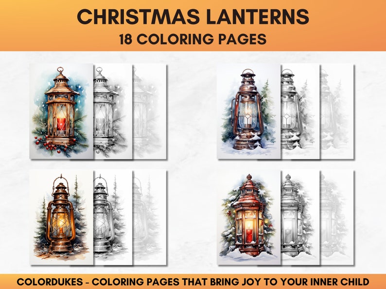Set of 18 Christmas coloring pages showing charming lanterns in winter scenery