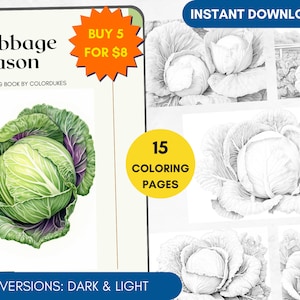 15 Coloring Pages Cabbage Coloring Book for Adults Grayscale, Plants Coloring Page, Advanced Coloring Autumn, PDF Print at Home Coloring
