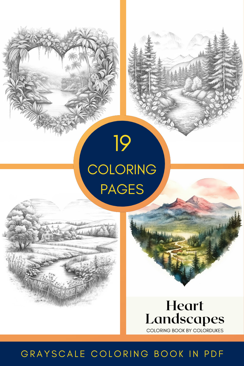 Heart Landscapes Coloring Pages, Valentines Day Grayscale Adult