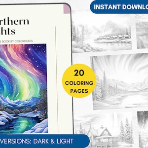20 Coloring Pages Northern Lights Grayscale Adult Coloring Book Printable, Aurora Borealis Coloring, Coloring Sheets, Digital Coloring PDF