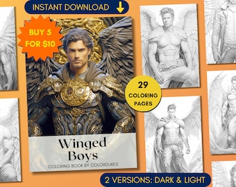 Angels Coloring Pages for Adults, Winged Warriors Coloring Book in Grayscale, Fantasy Coloring Sheets, Digital Printable PDF