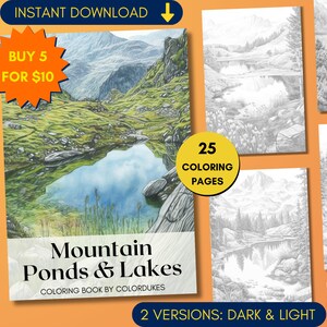 25 Coloring Pages, Mountain Lakes Grayscale Adult Coloring Book, Mountains Coloring, Landscape Coloring Pages for Pigment, Printable PDF