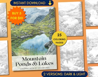 25 Coloring Pages, Mountain Lakes Grayscale Adult Coloring Book, Mountains Coloring, Landscape Coloring Pages for Pigment, Printable PDF