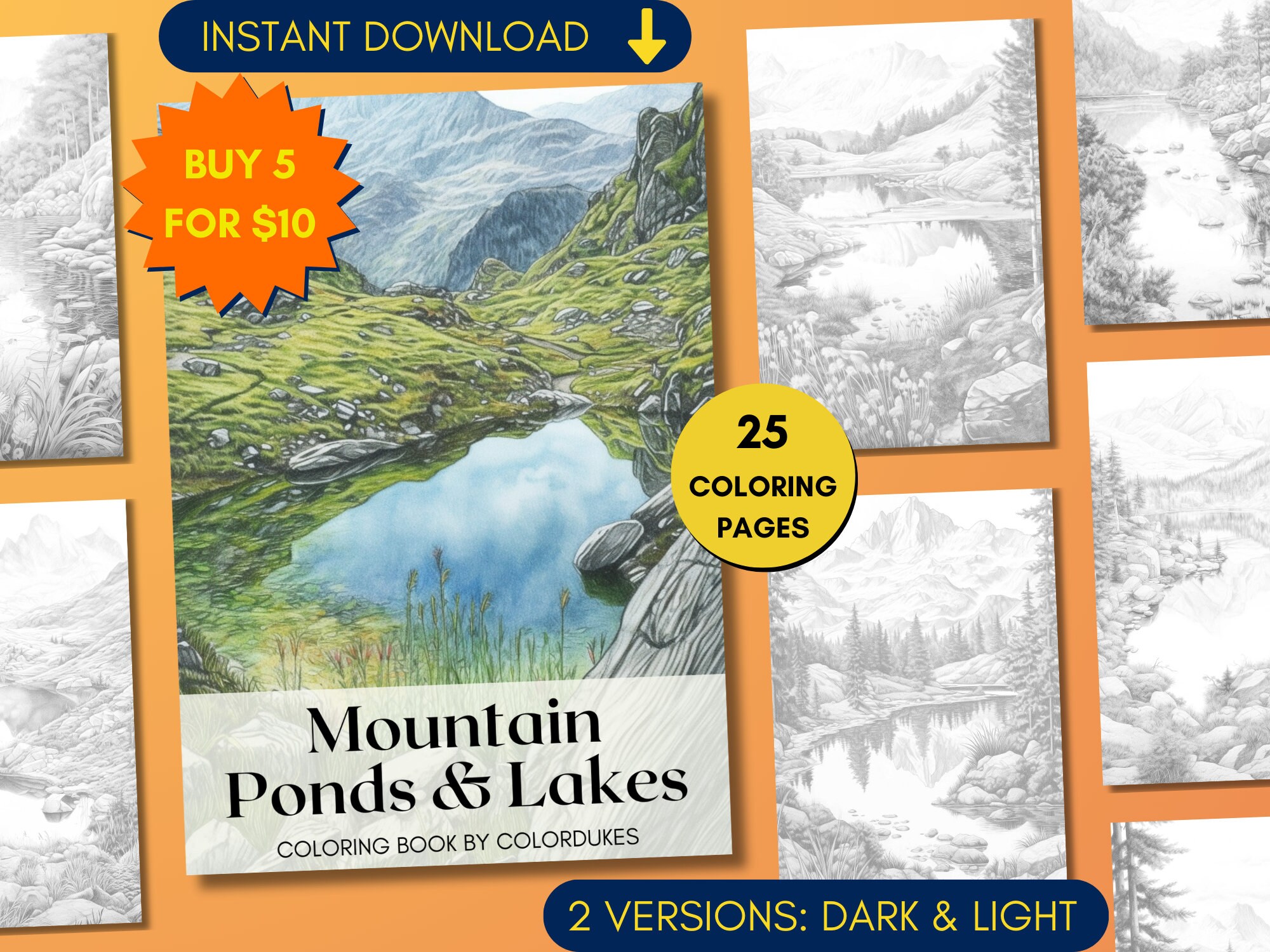 25 Coloring Pages, Mountain Lakes Grayscale Adult Coloring Book ...