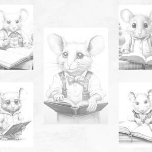May include: Five black and white illustrations of mice reading books. Each mouse is wearing different clothing and has a different expression on its face.