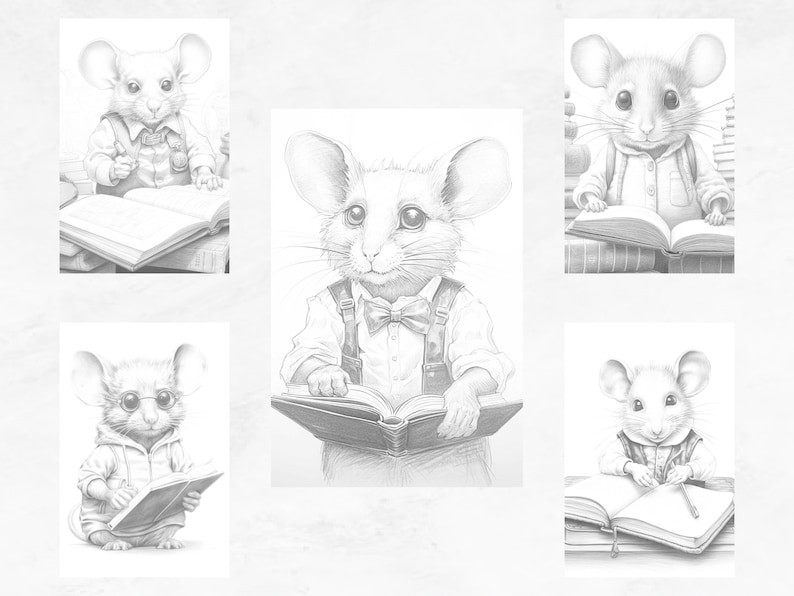 May include: Five black and white illustrations of mice reading books. Each mouse is wearing different clothing and has a different expression on its face.