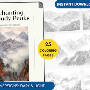 25 Coloring Pages, Misty Mountains Grayscale Adult Coloring Book, Clouds Coloring, Landscape Coloring Pages for Pigment, Printable PDF