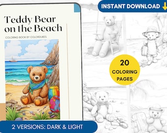 20 Teddy Bear on Beach Coloring Pages Grayscale, Seaside Coloring Sheets, Summer Coloring for Adults Cute Coloring Page for Kids