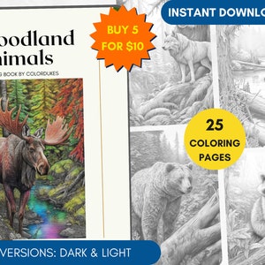 25 Coloring Pages, Woodland Animals Coloring Book, Grayscale Coloring Book for Adults, Forest Coloring Page PDF, Fox Bear Deer Racoon Wolf