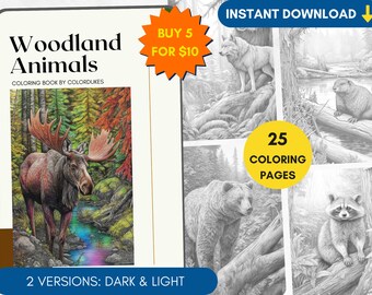 25 Coloring Pages, Woodland Animals Coloring Book, Grayscale Coloring Book for Adults, Forest Coloring Page PDF, Fox Bear Deer Racoon Wolf