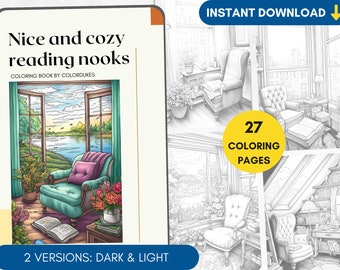 27 Coloring Pages, Cozy Reading Nooks Grayscale Adult Coloring Book, Printable Gift for Book Lovers, Relaxing Coloring Pages, Bookish Merch