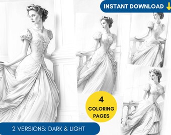 4 Coloring Pages Ball Dress Grayscale Adult Coloring Regency Era Gown Coloring Page, Princess Portrait Coloring, Printable Coloring PDF