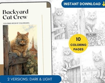 10 Coloring Pages Backyard Cat Coloring Book for Adults Grayscale Creepy Cat on Fence Coloring Sheets, Printable Coloring PDF