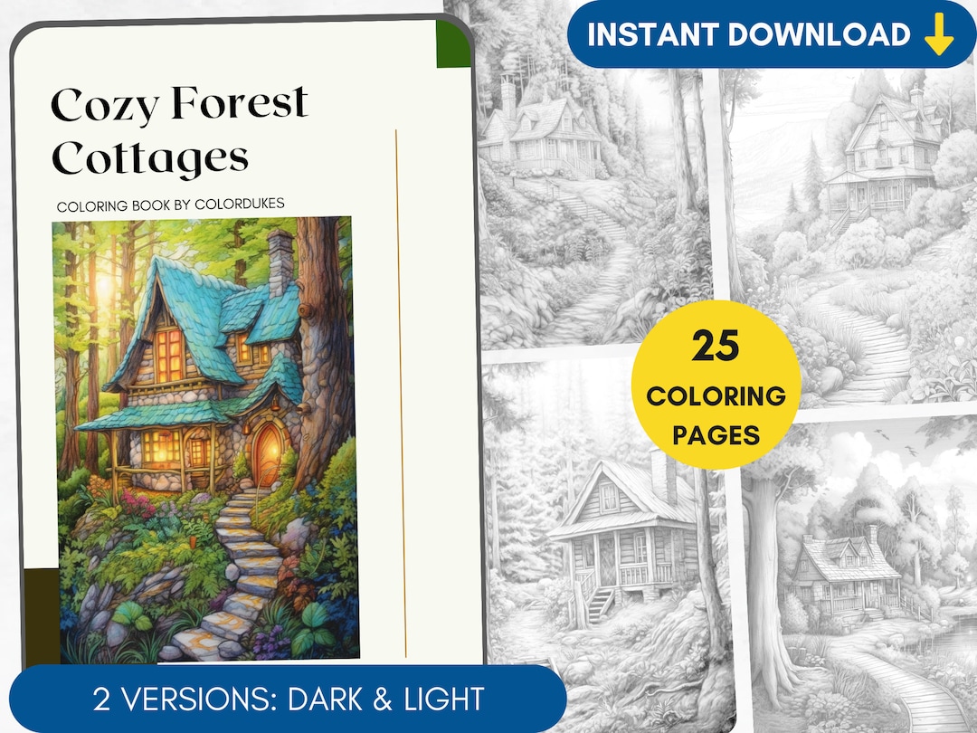 25 Coloring Pages, Forest Cottages Coloring Book Grayscale Coloring for ...