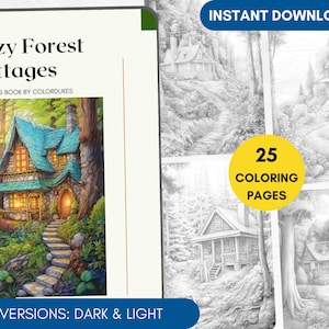 25 Coloring Pages, Forest Cottages Coloring Book Grayscale Coloring for Adults, Woodland Cabins Coloring Book PDF, Coloring Page for Pigment