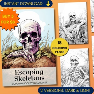 18 Skeletons Coloring Pages in Grayscale, Halloween Coloring Book for Adults, Creepy Coloring Sheets, Digital PDF