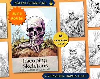 18 Skeletons Coloring Pages in Grayscale, Halloween Coloring Book for Adults, Creepy Coloring Sheets, Digital PDF