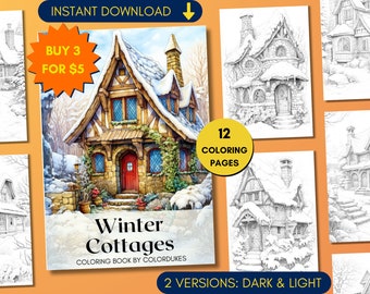 Weihnachten Malvorlagen, Winter Landhäuser Graustufen Malbuch für Erwachsene, verschneite Häuser Malvorlagen, digitaler Download