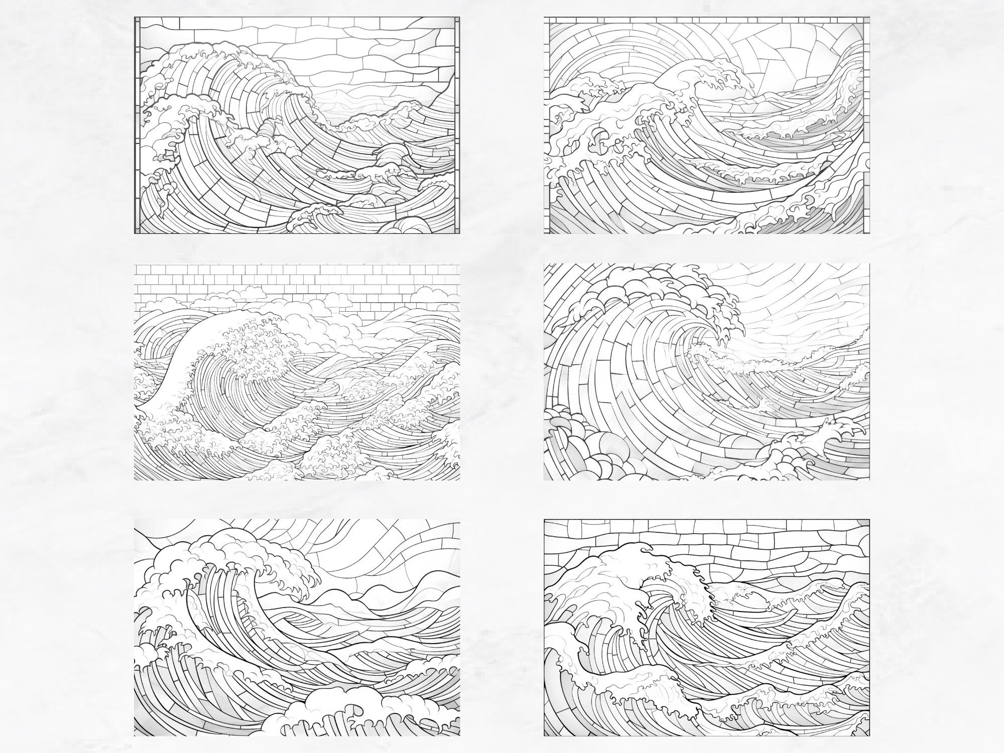 26 Stained Glass Coloring Pages Mosaic Sea Waves Grayscale Adult