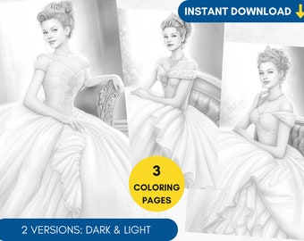 3 Coloring Pages, Bride Dress Grayscale Adult Coloring Princess Gown Coloring Page, Cindirella Portrait Coloring, Printable PDF